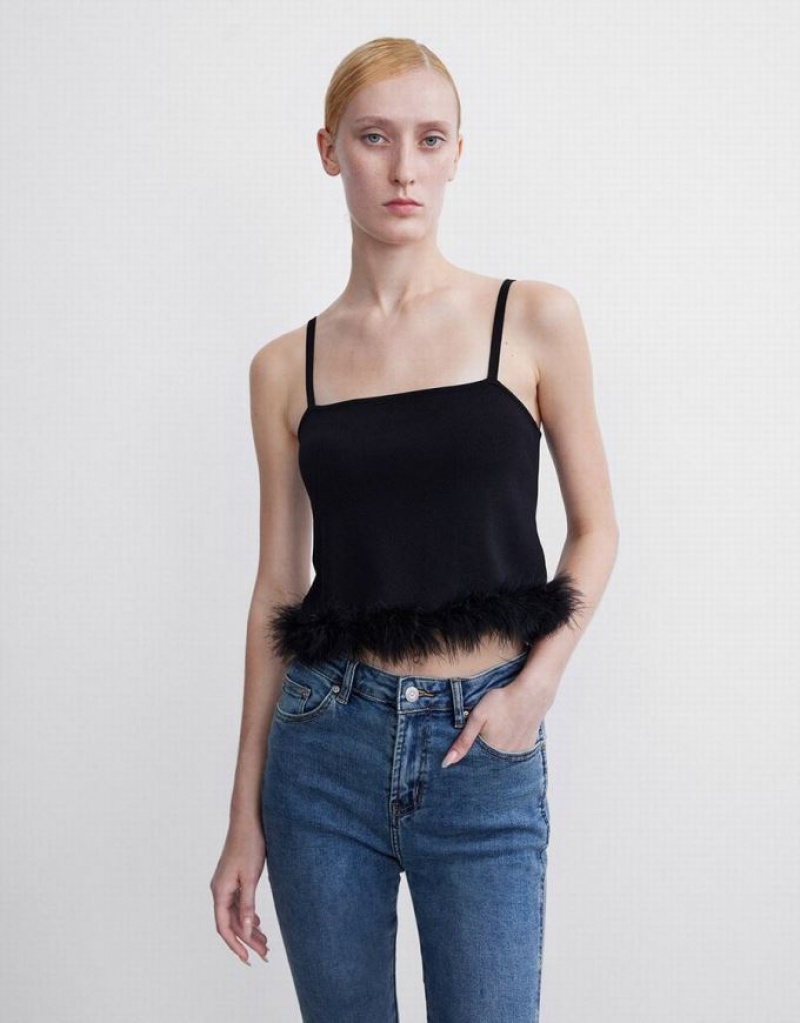 Black Urban Revivo Fluffy Trim Knitted Women\'s Camisole | 73641NYPM