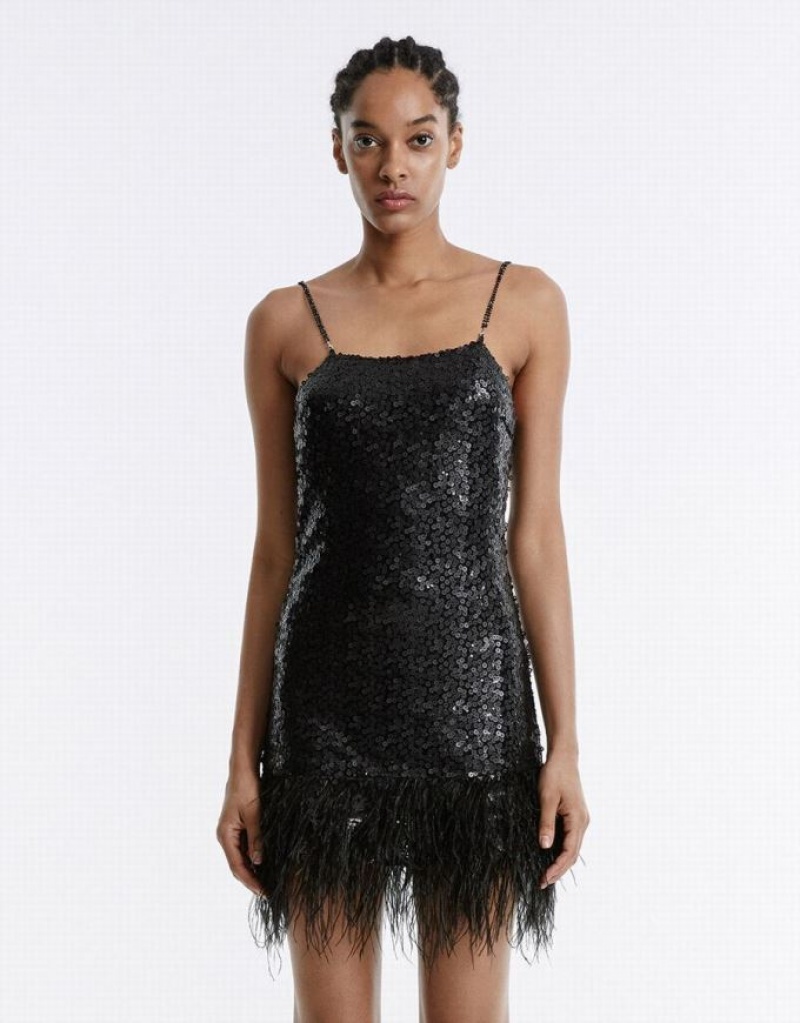 Black Urban Revivo Frayed Hem Strappy With Sequins Women's Short Dress | 90743YQXE