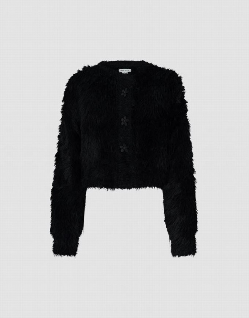 Black Urban Revivo Furry Knitted With Flower Buttons Women's Cardigan | 81473LGWI