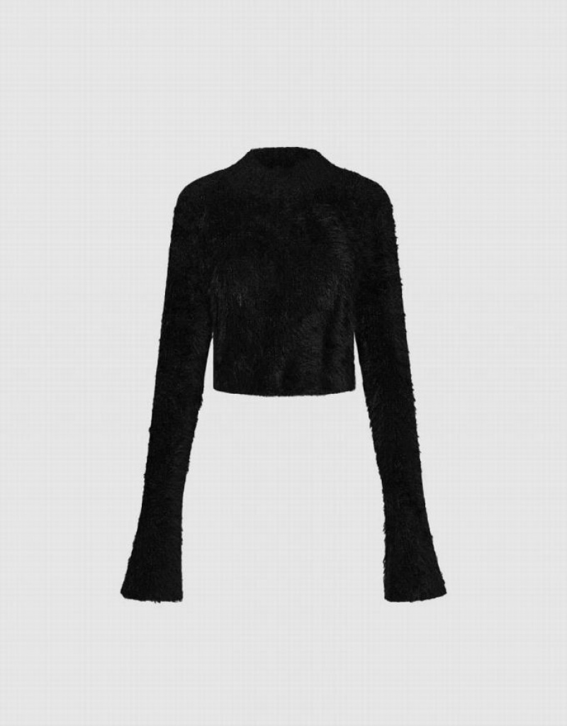 Black Urban Revivo Furry Turtle Neck Knitted Women's Cardigan | 62453MXOK