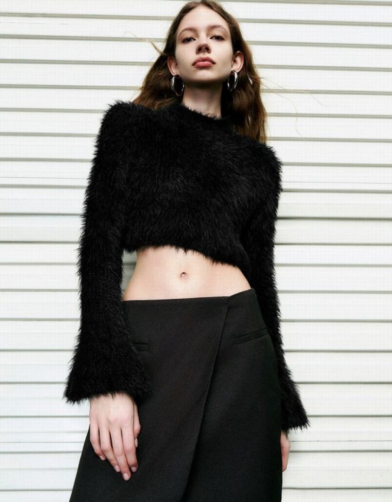 Black Urban Revivo Furry Turtle Neck Knitted Women's Cardigan | 62453MXOK