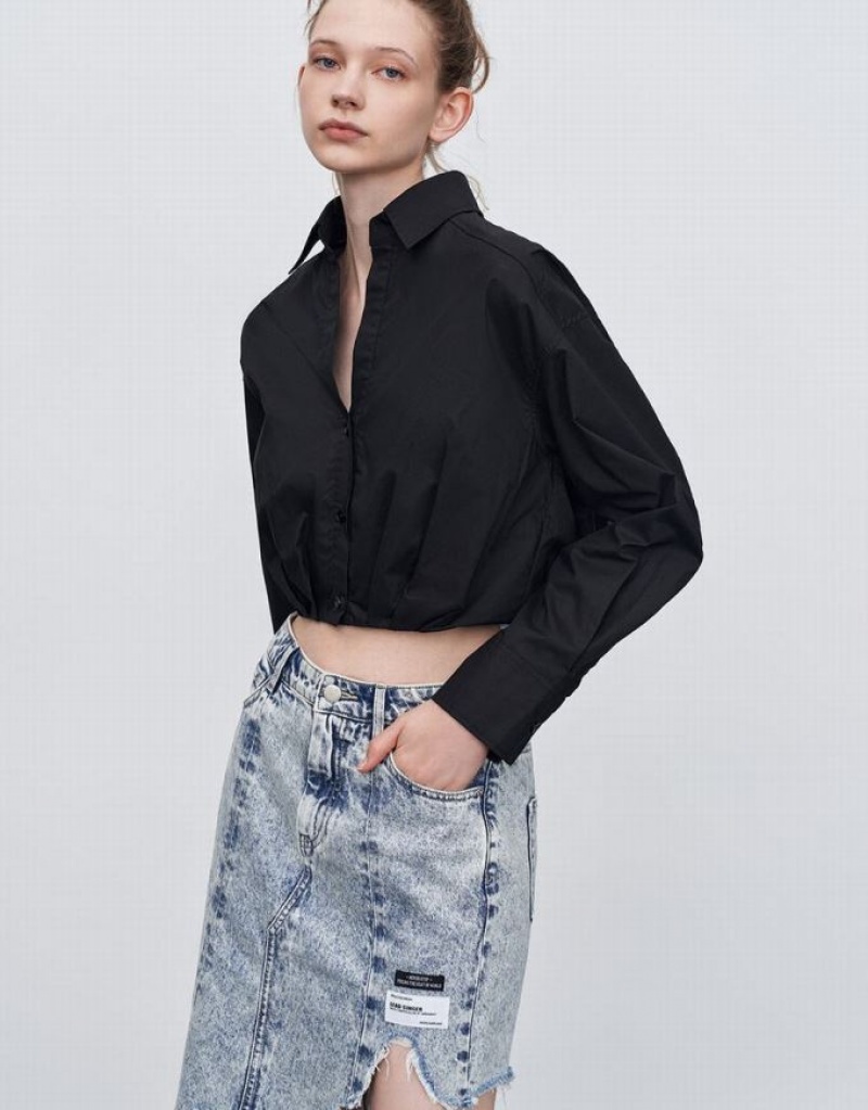 Black Urban Revivo Gathered Waist Cropped Cotton Women's Shirts | 82019CERY