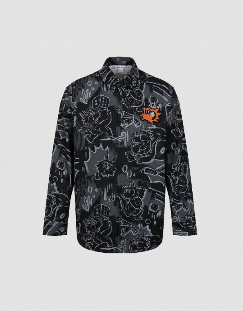 Black Urban Revivo Graffiti Printed Button Up Loose Men's Shirts | 39764OSAX