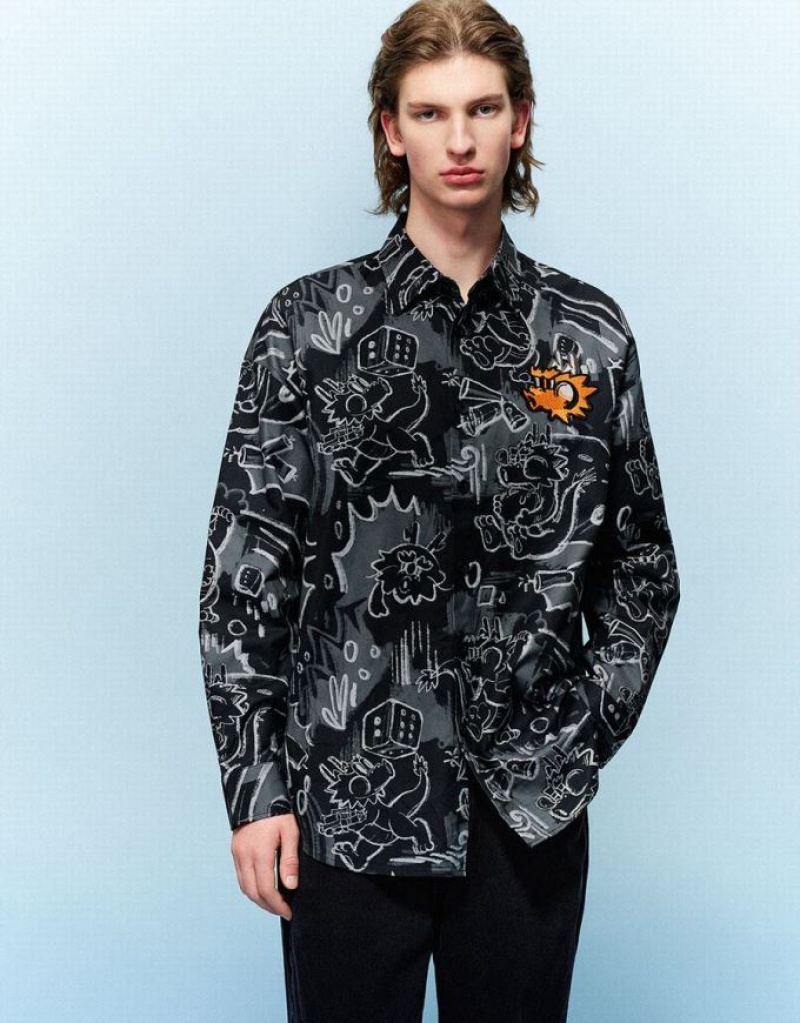 Black Urban Revivo Graffiti Printed Button Up Loose Men's Shirts | 39764OSAX