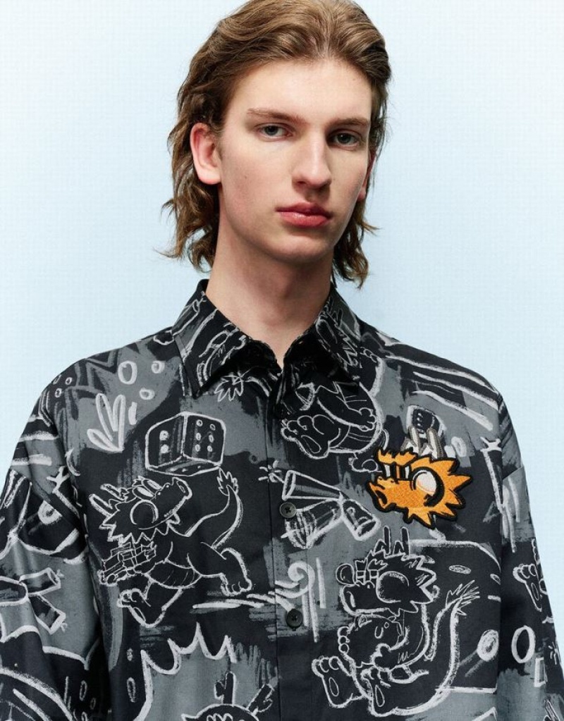 Black Urban Revivo Graffiti Printed Button Up Loose Men's Shirts | 39764OSAX