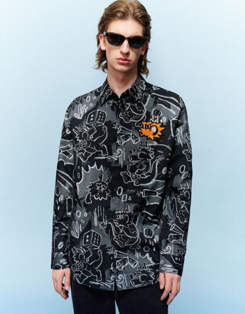 Black Urban Revivo Graffiti Printed Button Up Loose Men\'s Shirts | 39764OSAX