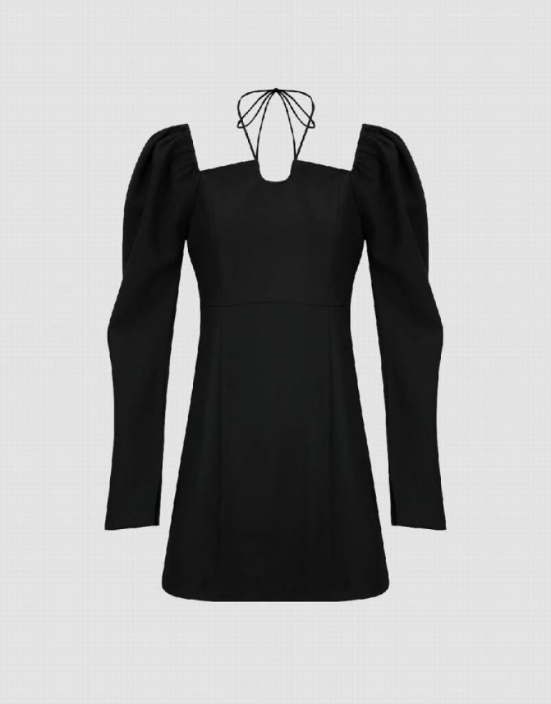 Black Urban Revivo Halter Neck Puff Sleeve Off-Shoulder Skater Women's Short Dress | 25867UNHT