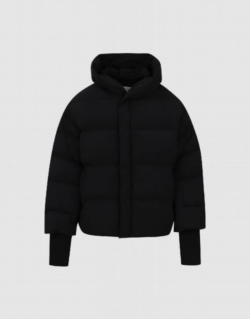 Black Urban Revivo Hooded Loose Men's Puffer Jacket | 50139OQNA