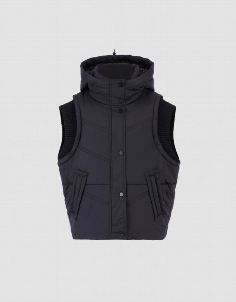 Black Urban Revivo Hooded Padded Waistcoat Women's Coats | 35014JDAO