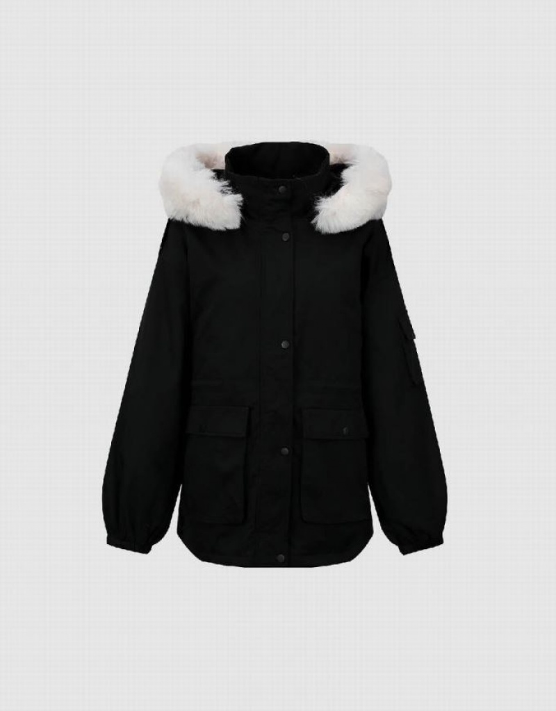 Black Urban Revivo Hooded Padded With Furry Collar Women's Coats | 08179VQZU