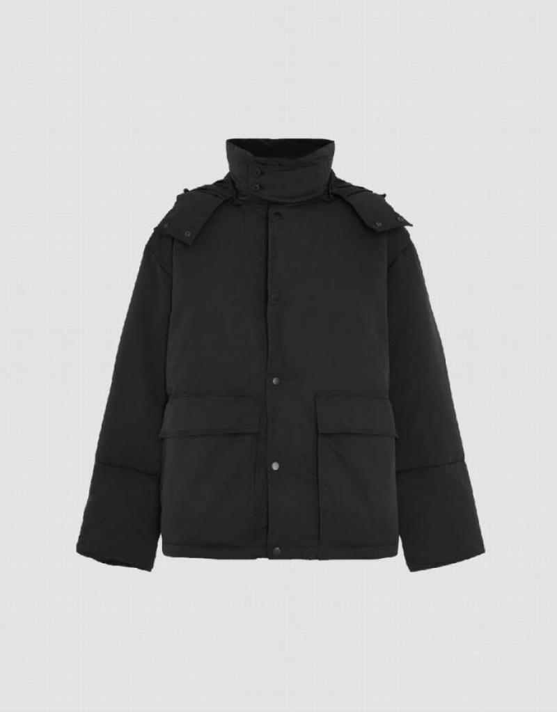 Black Urban Revivo Hooded Stand Collar Men's Down Jackets | 71852HYKN