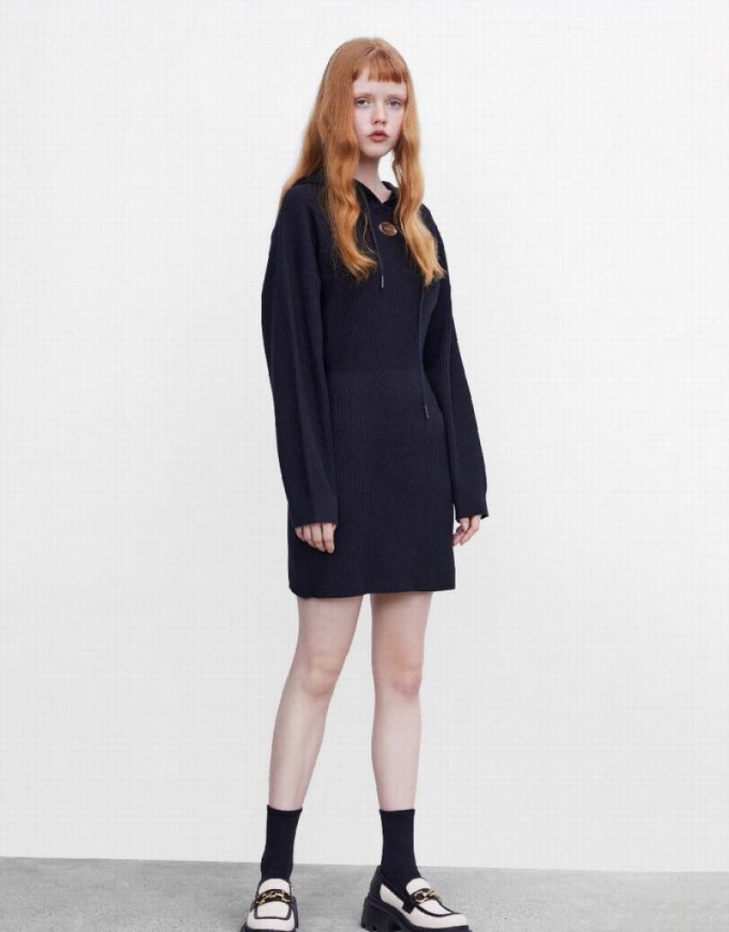 Black Urban Revivo Hooded Women's Knitted Dress | 57689EWPQ