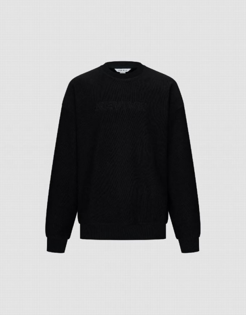 Black Urban Revivo Letter Embossed Crew Neck Men's Sweatshirts | 60237GQLD