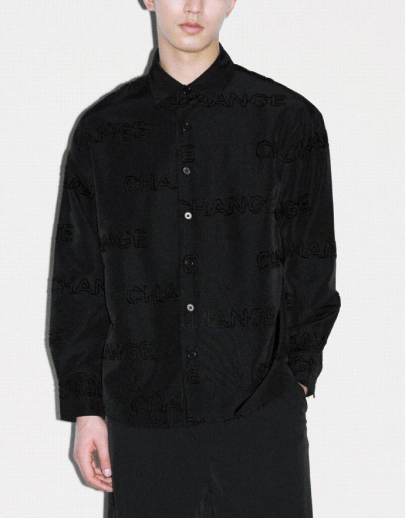 Black Urban Revivo Letter Printed Button Up Oversized Men's Shirts | 68139OLNY