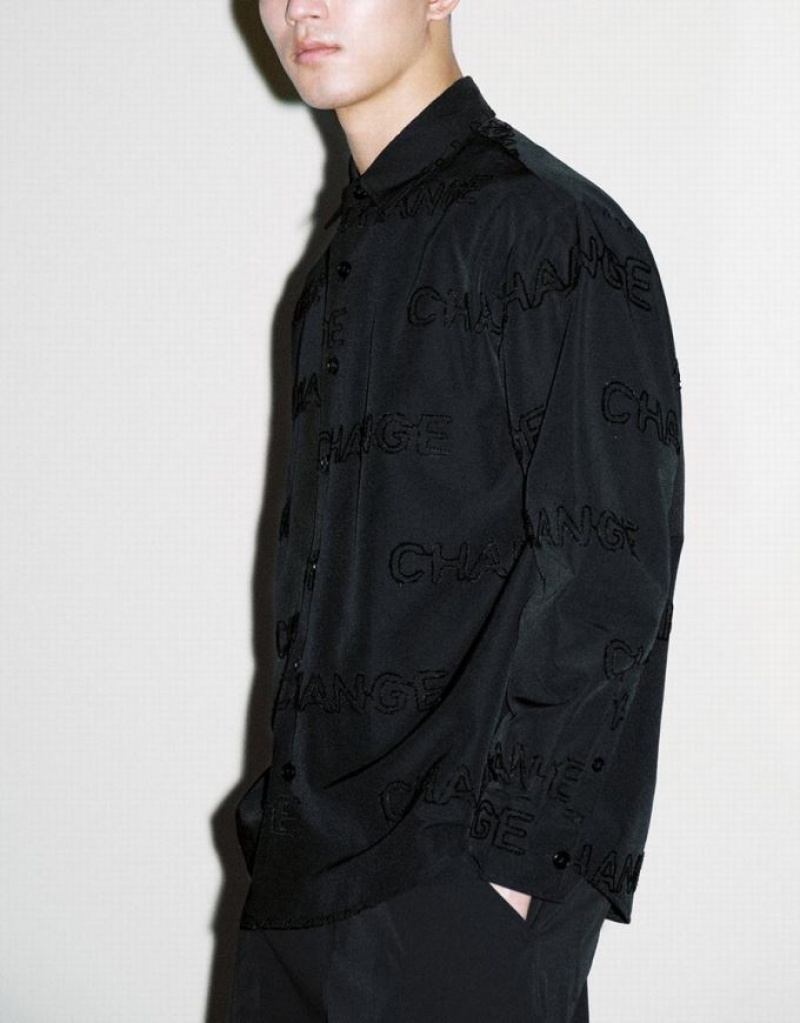 Black Urban Revivo Letter Printed Button Up Oversized Men's Shirts | 68139OLNY