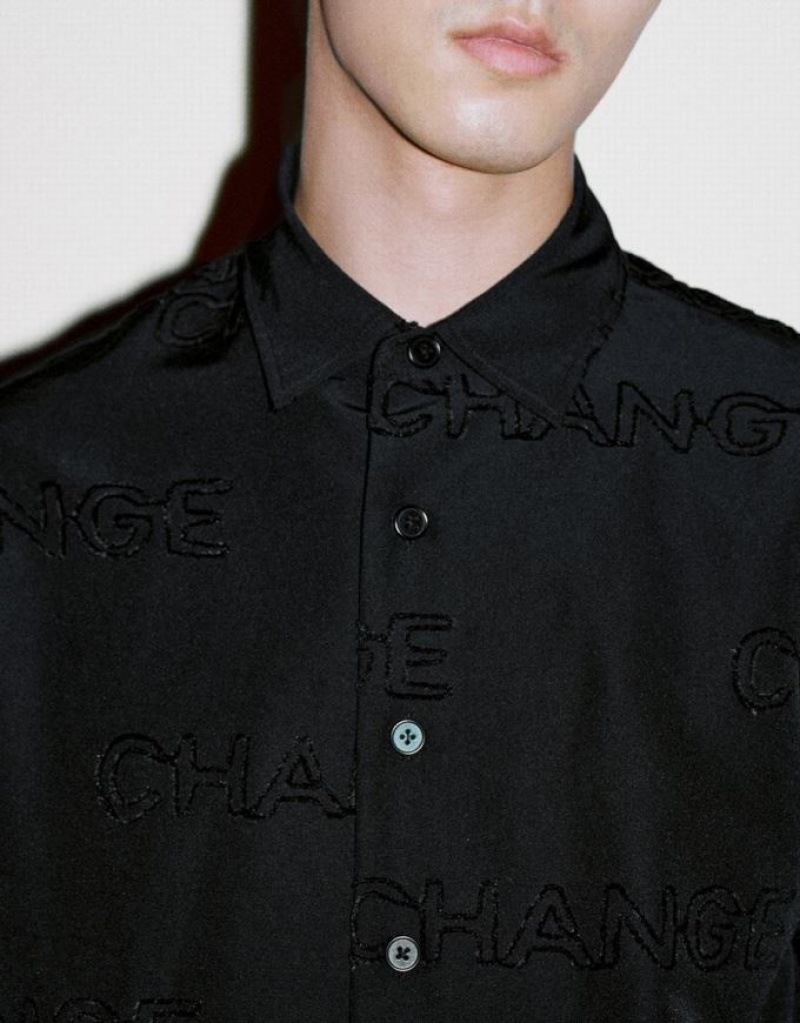 Black Urban Revivo Letter Printed Button Up Oversized Men's Shirts | 68139OLNY