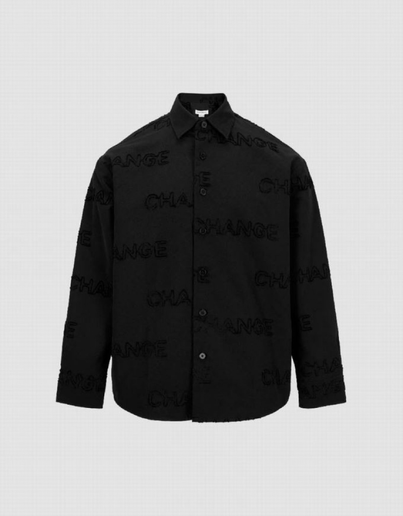 Black Urban Revivo Letter Printed Button Up Oversized Men\'s Shirts | 68139OLNY