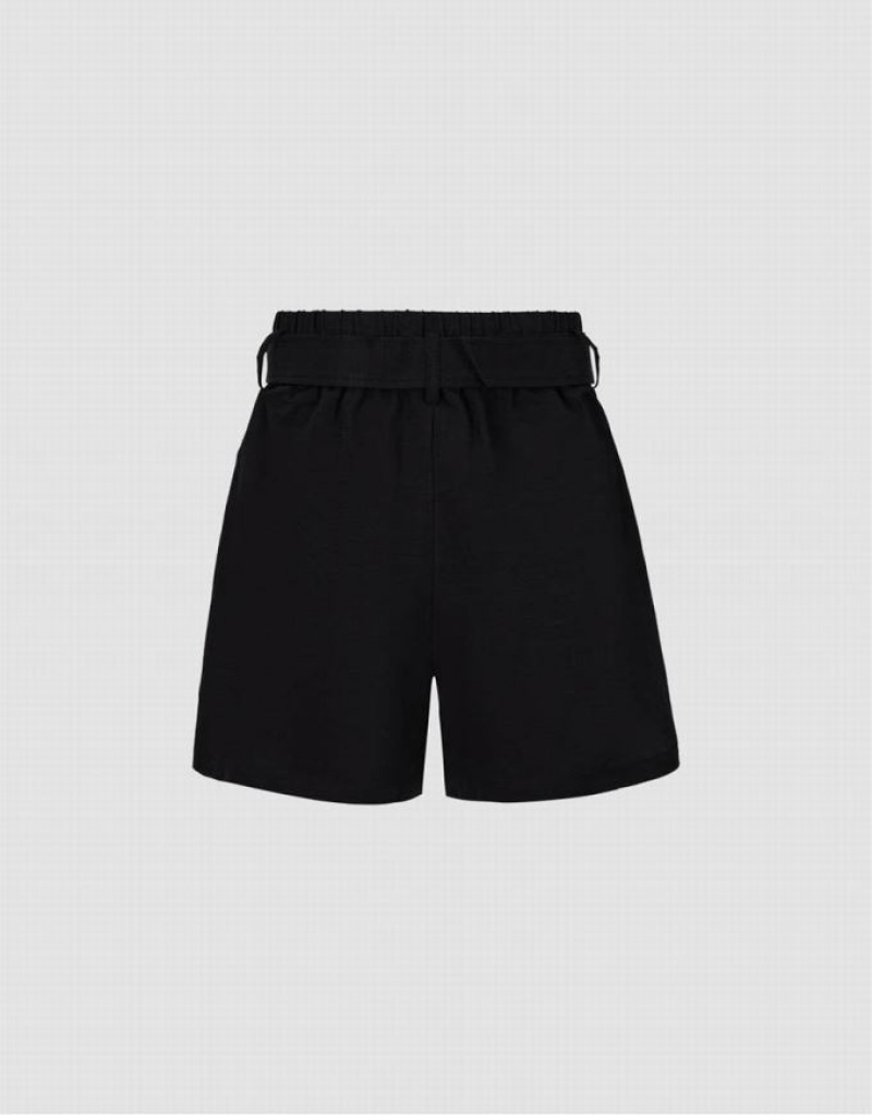 Black Urban Revivo Loose With Belt Women's Shorts | 04581WHVT