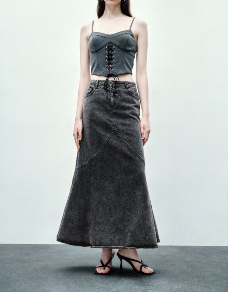 Black Urban Revivo Midi Fishtail Women's Denim Skirt | 82965VXCP