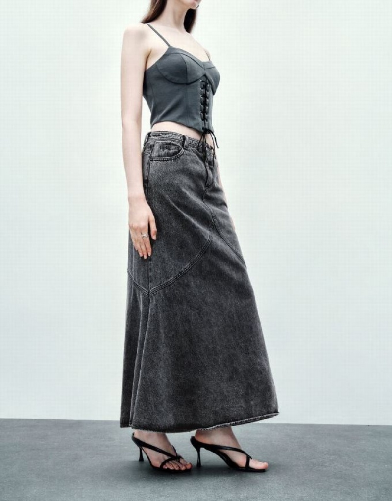 Black Urban Revivo Midi Fishtail Women's Denim Skirt | 82965VXCP