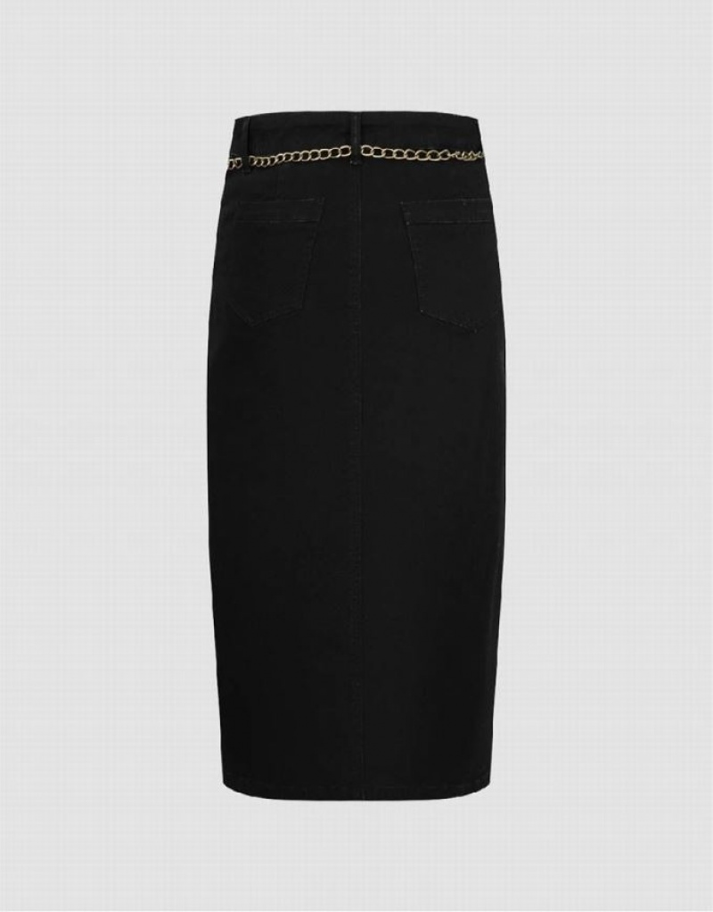 Black Urban Revivo Midi Straight With Chain Women's Denim Skirt | 79831DOCH