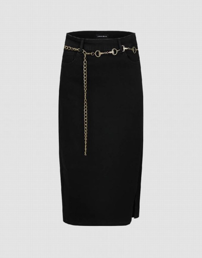 Black Urban Revivo Midi Straight With Chain Women\'s Denim Skirt | 79831DOCH