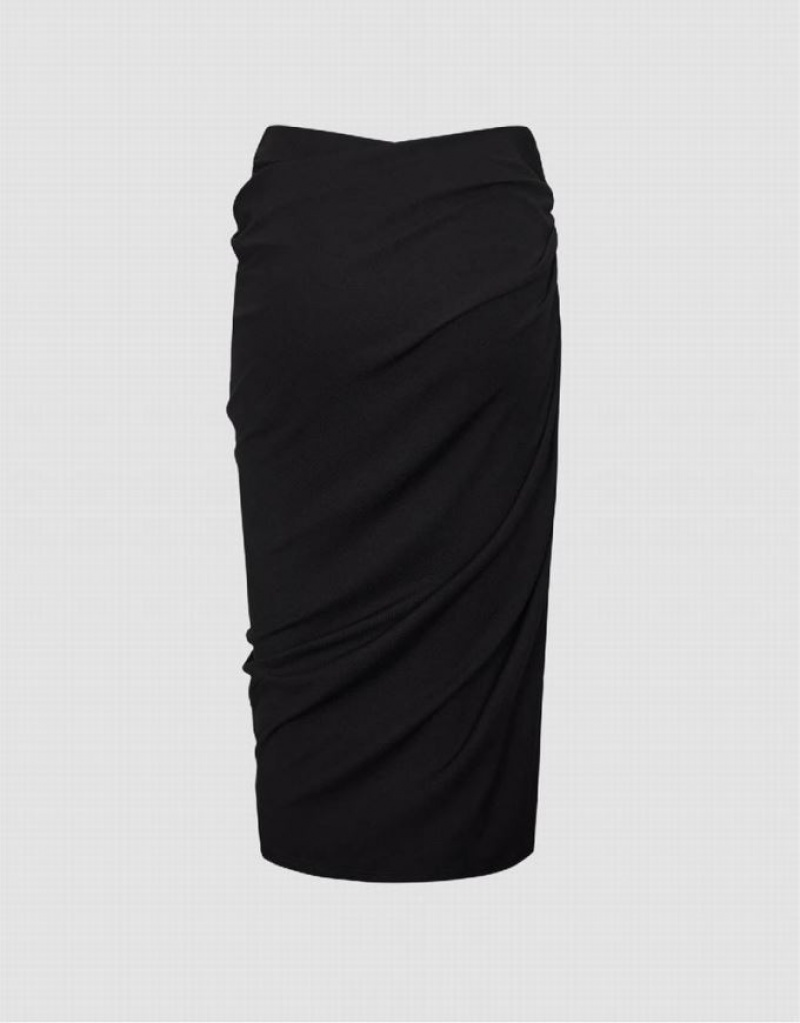 Black Urban Revivo Midi Wrapped Fishtail Women's Skirts | 15298HNWR