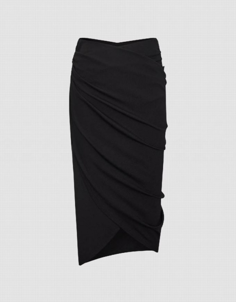 Black Urban Revivo Midi Wrapped Fishtail Women\'s Skirts | 15298HNWR