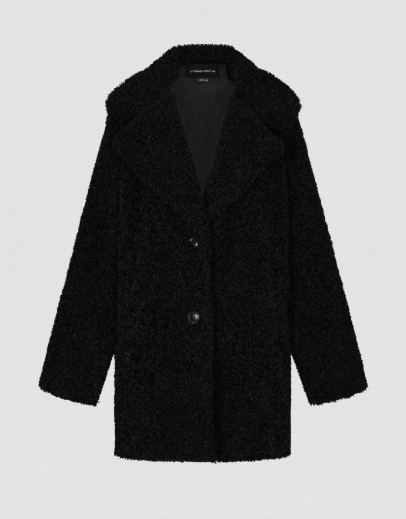 Black Urban Revivo Notch Lapel Longline Furry Women's Coats | 84970JYER