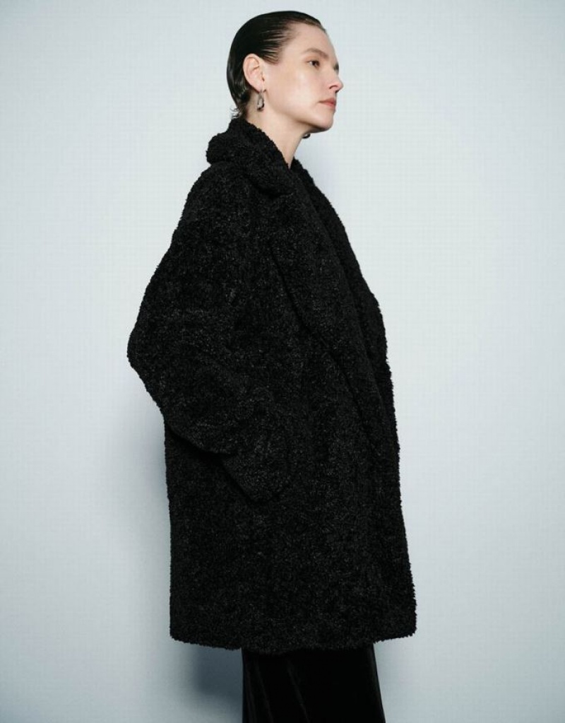 Black Urban Revivo Notch Lapel Longline Furry Women's Coats | 84970JYER