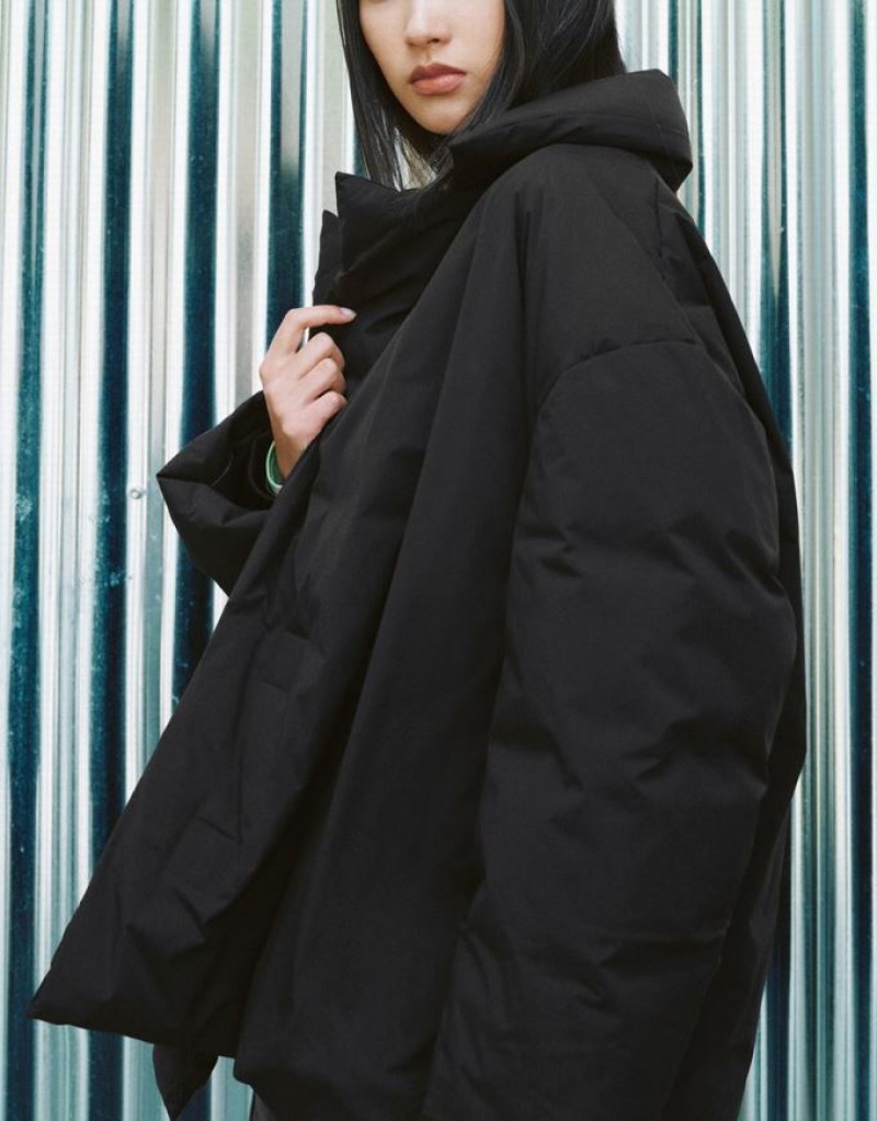 Black Urban Revivo Notch Lapel Oversized Women's Down Jackets | 90862VFXC