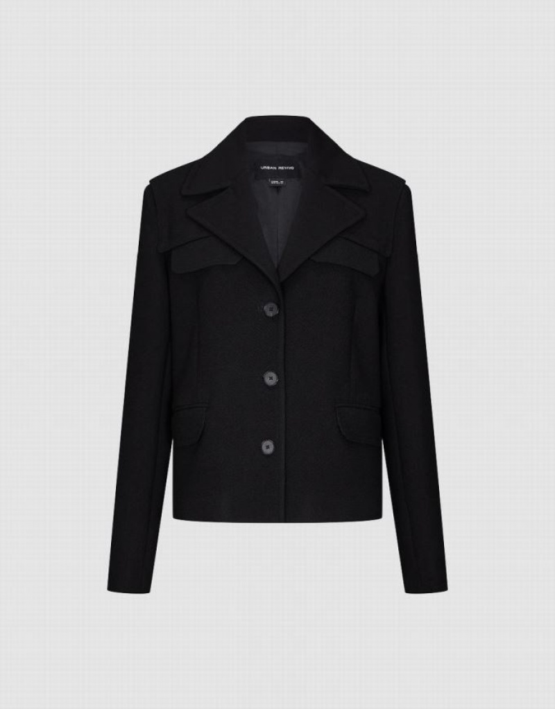 Black Urban Revivo Notch Lapel Straight Women's Blazers | 65380USVR