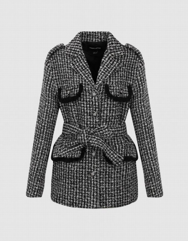 Black Urban Revivo Notch Lapel Tweed With Belt Women's Jacket | 05981SJOM