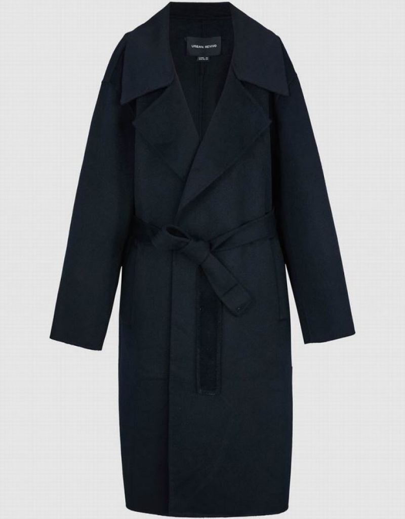 Black Urban Revivo Notch Lapel With Belt Women's Coats | 63092DXCW