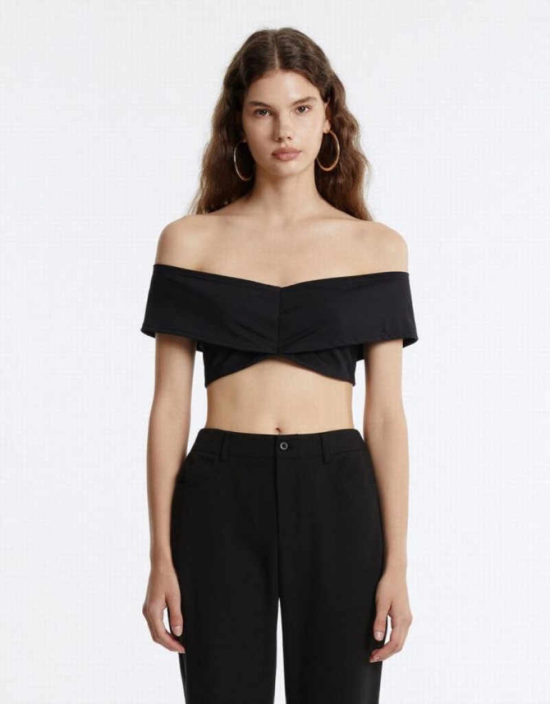 Black Urban Revivo Off-Shoulder Cropped Top Women's Bandeau | 29584PWBA