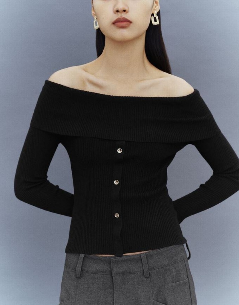 Black Urban Revivo Off-Shoulder Skinny Knitted Women's Cardigan | 76509JRZB