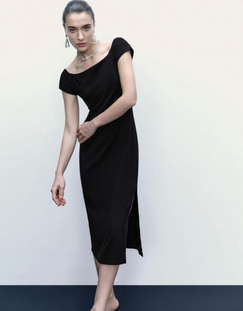 Black Urban Revivo Off-Shoulder Skinny Women's Dress | 53649LWPB