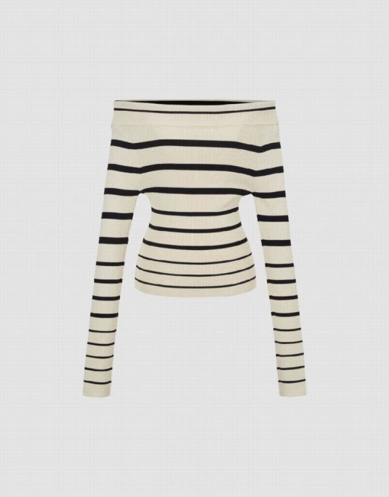 Black Urban Revivo Off-Shoulder Striped Knitted Women's Cardigan | 57346QXMY