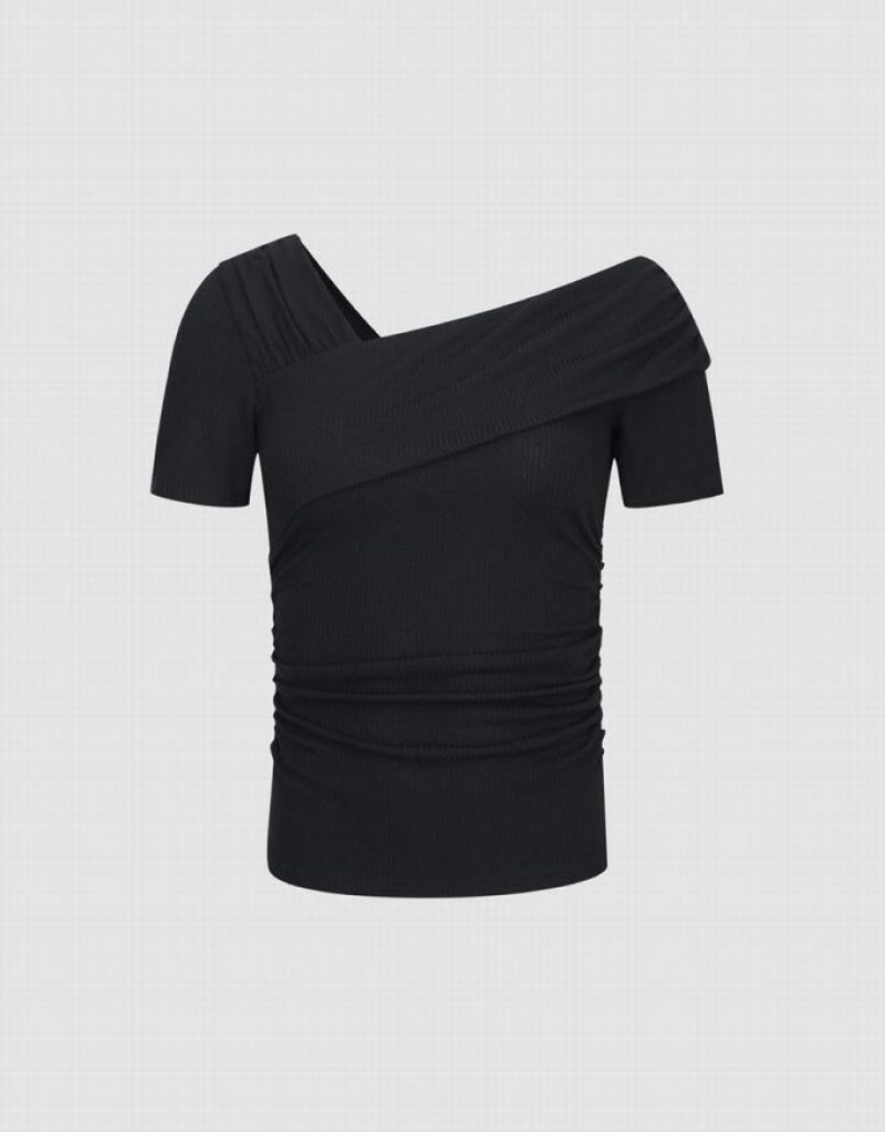 Black Urban Revivo One Shoulder Skinny Women's T-Shirts | 32197PVMN