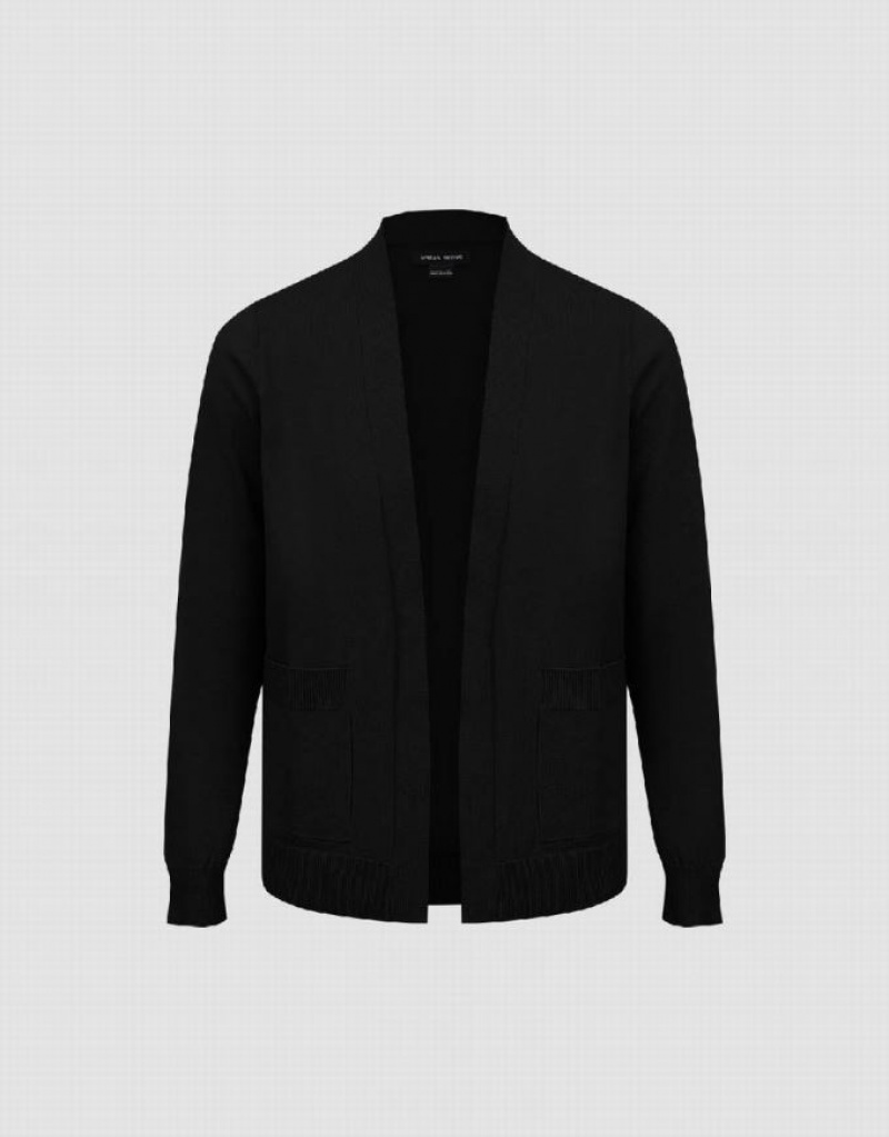 Black Urban Revivo Open Front Straight Knitted Men's Cardigan | 79082JXRS