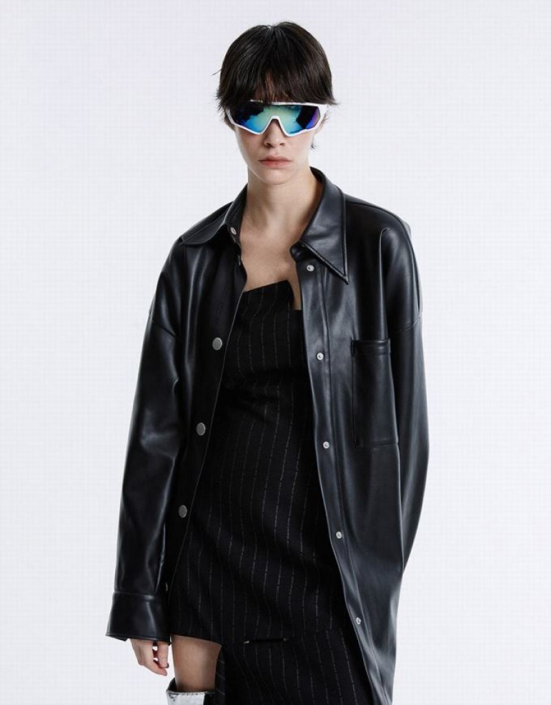 Black Urban Revivo Patch Pocket Faux Leather Women's Shirts | 38197SKBD