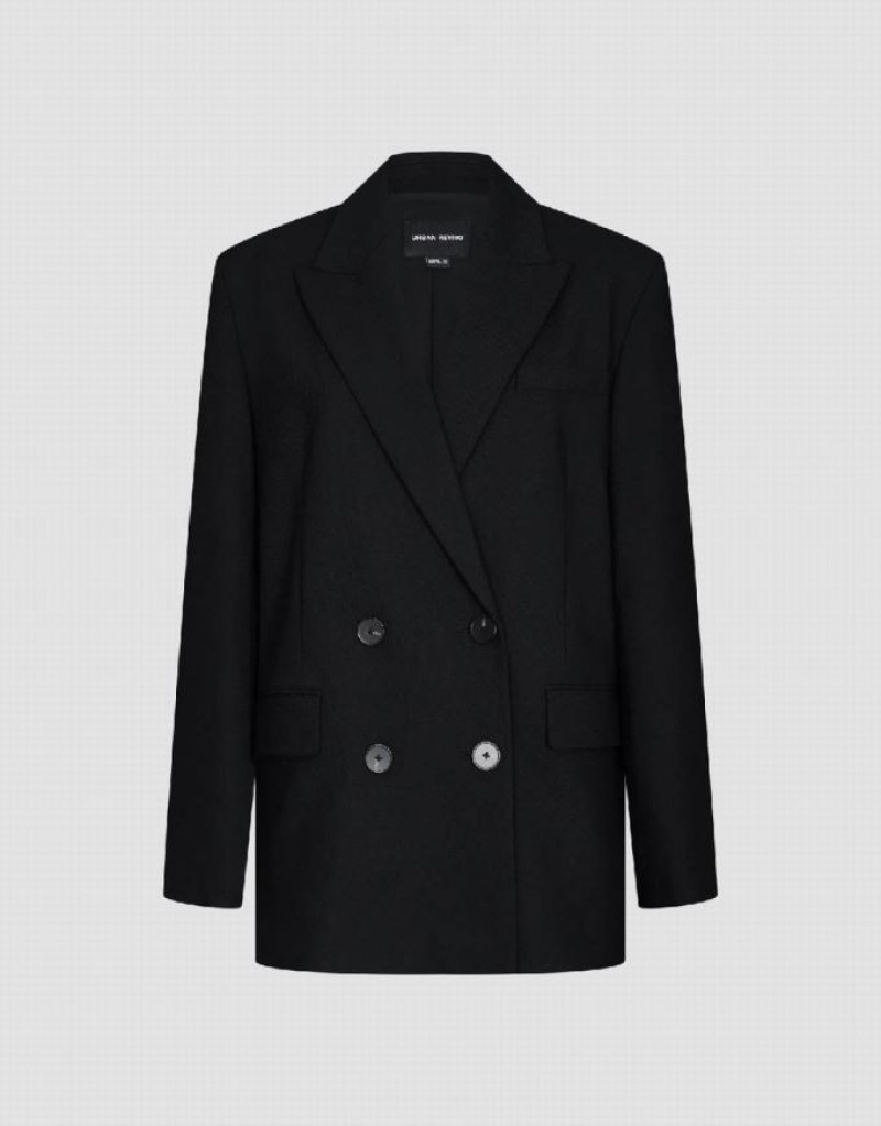 Black Urban Revivo Peak Lapel Double Breasted Tailored Women's Blazers | 07681EWJL