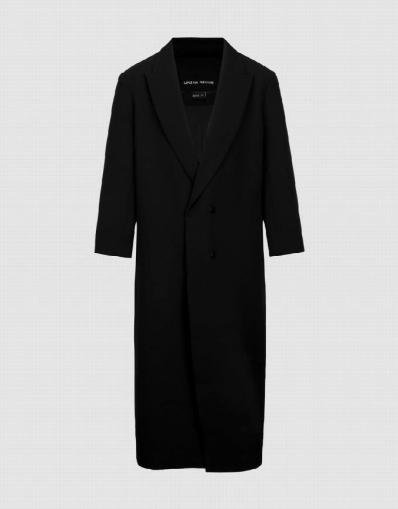 Black Urban Revivo Peaked Lapel Long Women's Coats | 09851JGTD