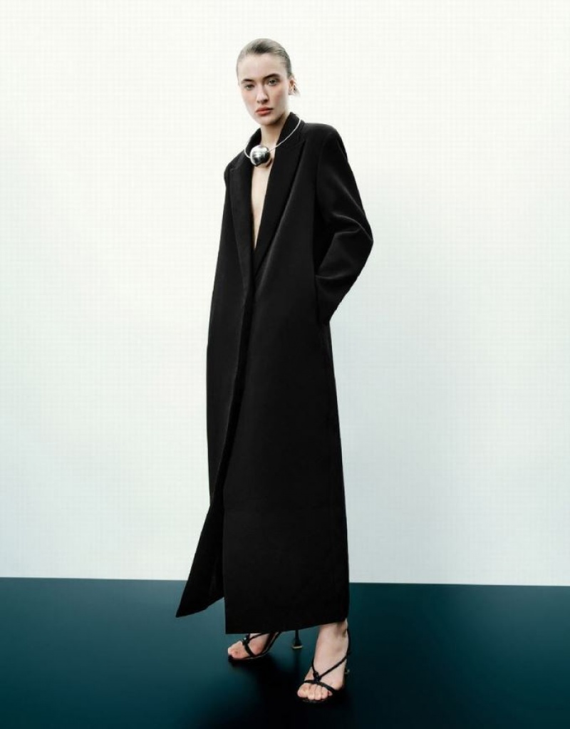 Black Urban Revivo Peaked Lapel Long Women's Coats | 09851JGTD