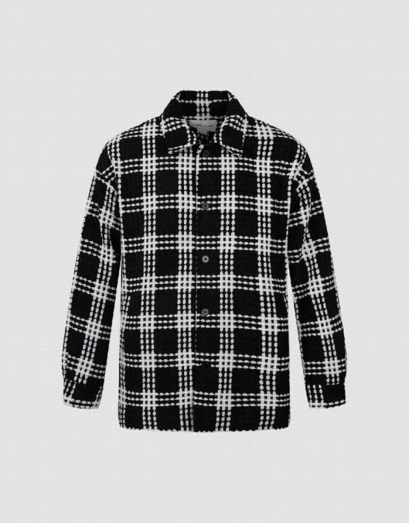 Black Urban Revivo Plaid Loose Men's Jacket | 58109ROHA