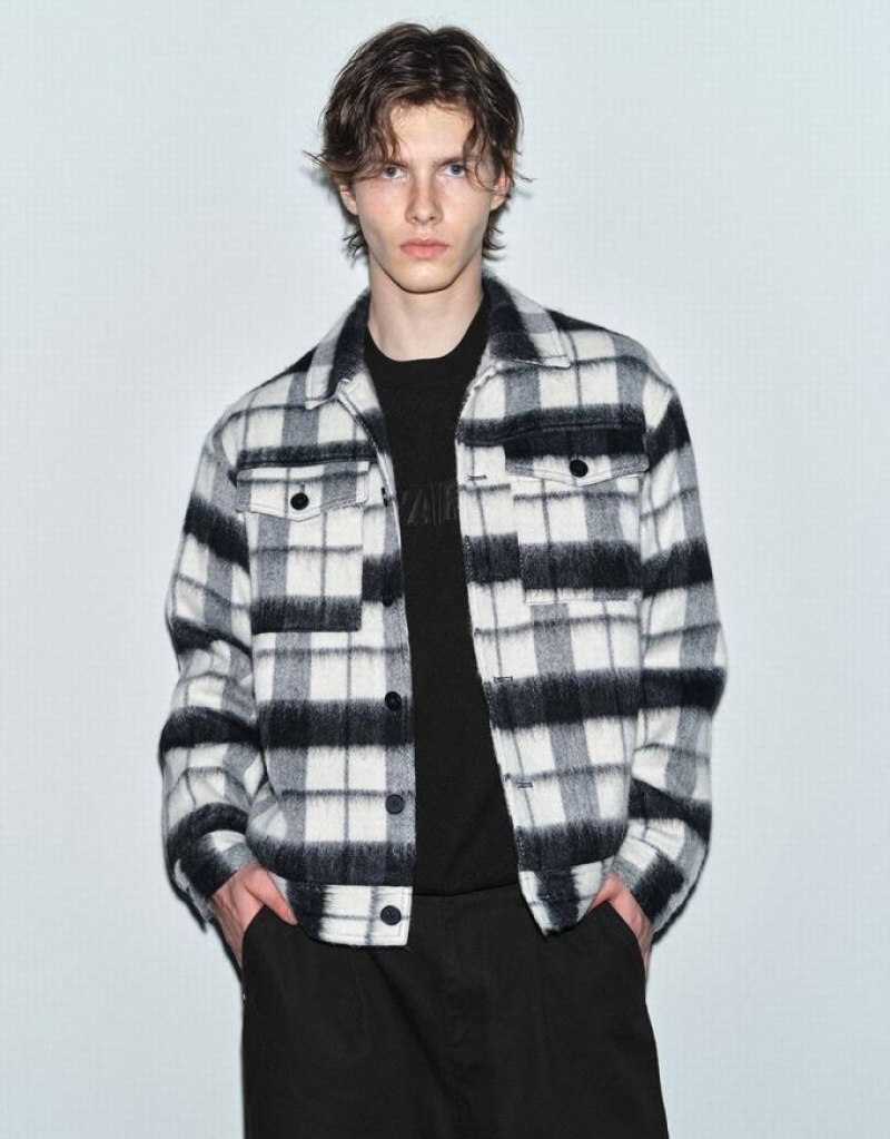 Black Urban Revivo Plaid Woolen Straight Men\'s Jacket | 50267YNKJ