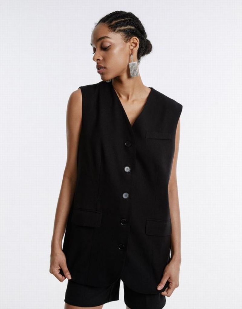 Black Urban Revivo Plain Button Up Women's Vest | 05139MLUI