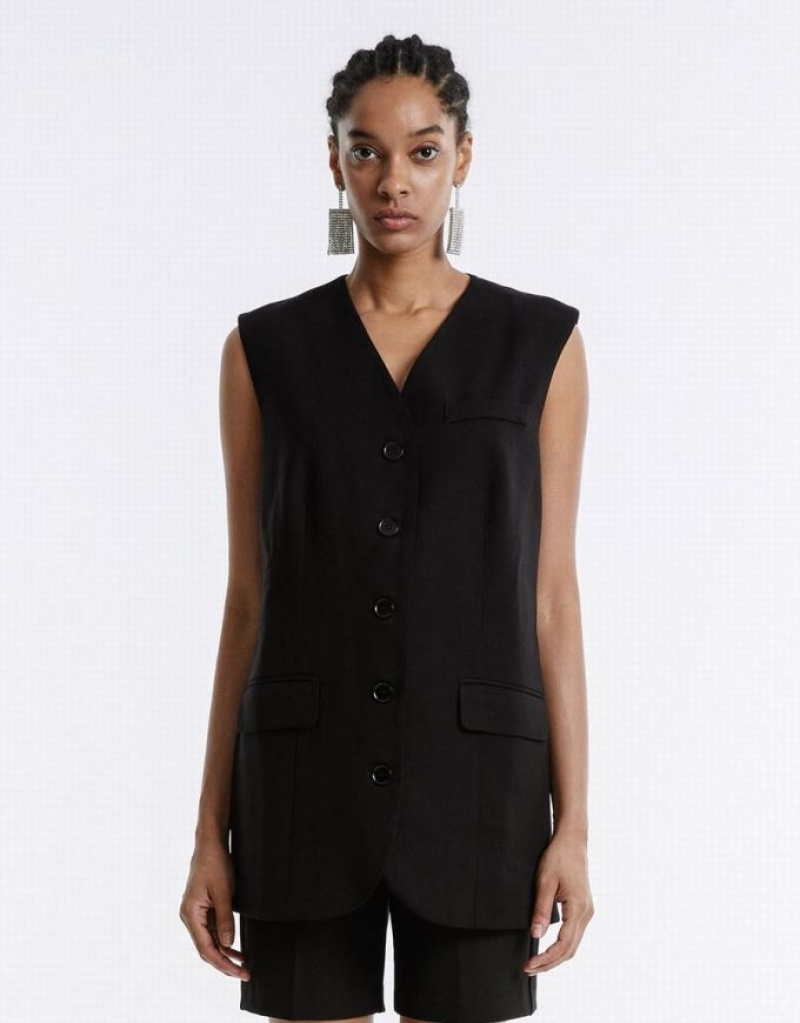 Black Urban Revivo Plain Button Up Women\'s Vest | 05139MLUI