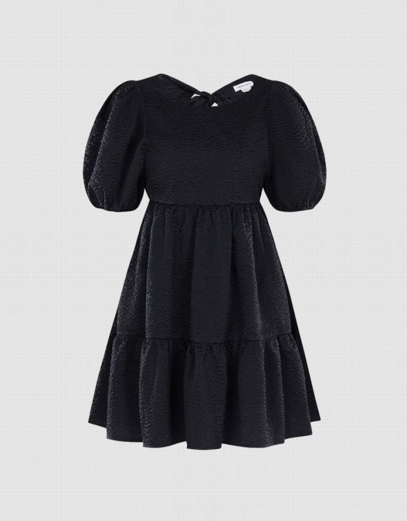 Black Urban Revivo Plain Puff Sleeve Ruffle Hem Women\'s Casual Dress | 39670YASF