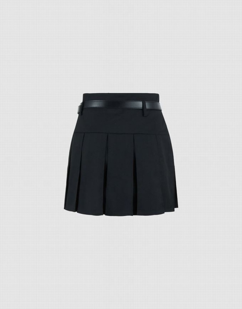 Black Urban Revivo Pleated Mini A-Line With Belt Women's Skirts | 70615KYMN